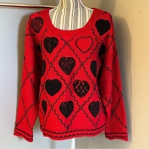 Paris Sport Club Vintage Womens Sweater Red Black Hand Knitted Heart Pullover S